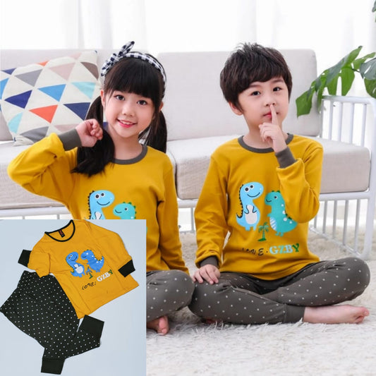 Baby or Baba Yellow 2 Dinosaur With Doted Trouser Print Full Sleeves Night Suit for Kids (1 Pcs)