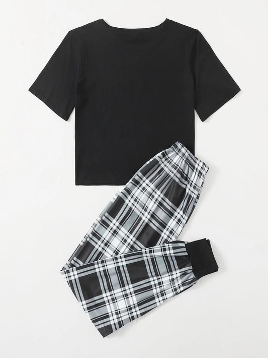 Black Good Things Ahead Printed Half Sleeves T-shirt With Check Printed Trouser Suit - ZARZARO