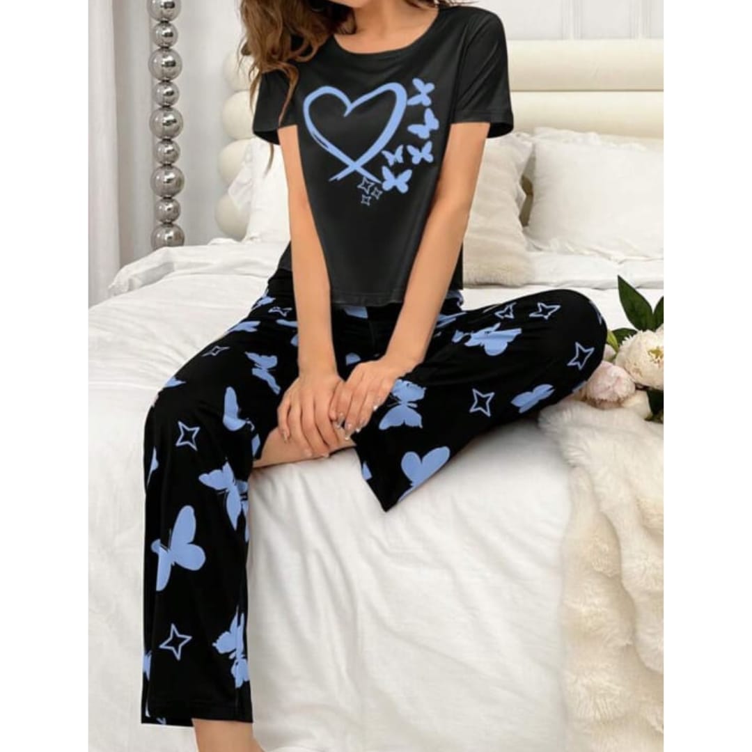 Black With Blue Butterflies Heart Printed T-shirt And Butterflies Printed Trouser Suit - ZARZARO