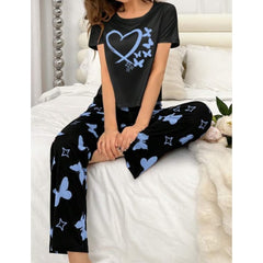 Black With Blue Butterflies Heart Printed T-shirt And Butterflies Printed Trouser Suit - ZARZARO