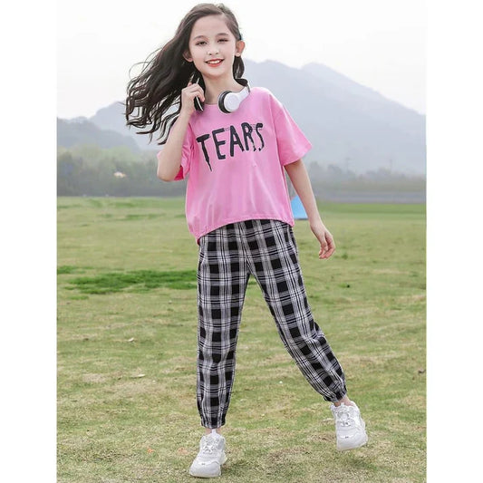 Pink Tears Print Half Sleeves Shirt With Check Printed Trouser Suit for Kids