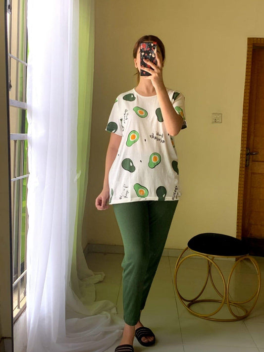 Green Avacado Printed Tee & Trouser Night Suit