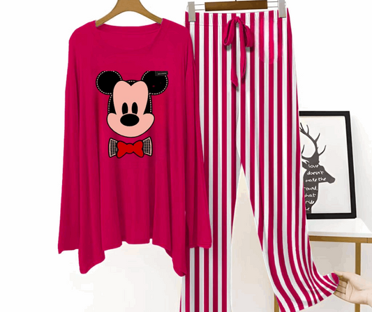 Mickey Red Tee with Stripe Plazzo Nightwear