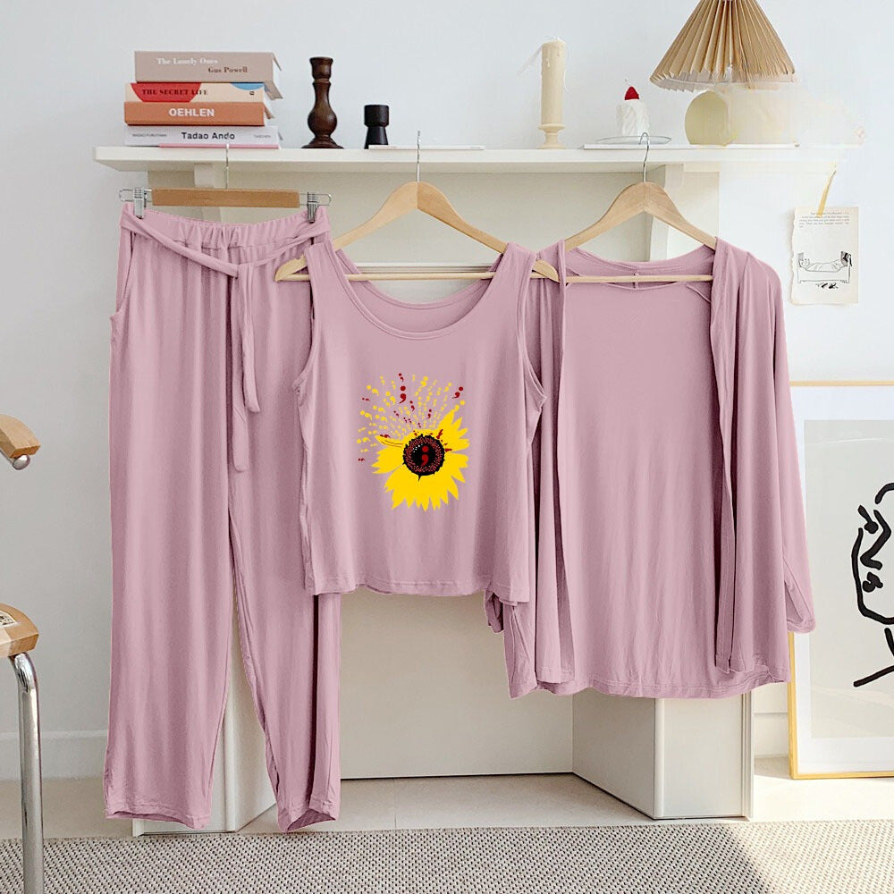 Pink Daisy Long Sleeve Gown with Sleeveless Inner Women Night Suit PJ Set 3 Pieces - ZARZARO