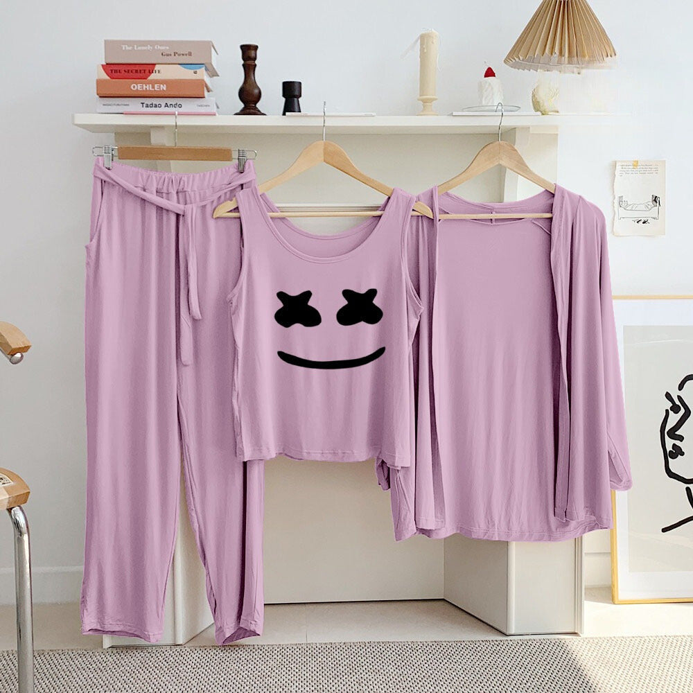 Pink Smiley Long Sleeve Gown with Sleeveless Inner Women Night Suit PJ Set 3 Pieces - ZARZARO