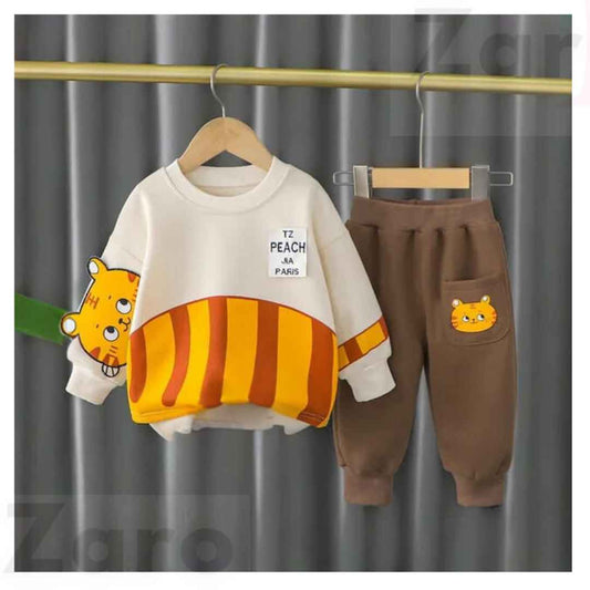 Off White Tiger Print Sweatshirt With Trouser For Kids