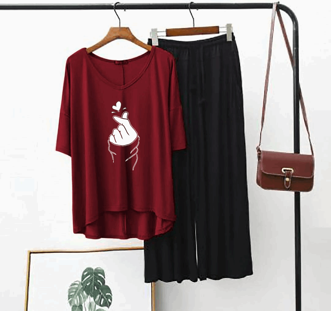 Plain Red K-Pop Heart V Neck T Shirt with Black Plazzo