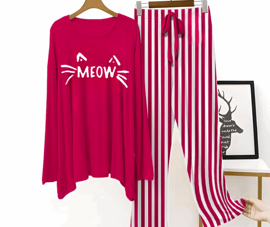 Meow Red Tee with Stripe Plazzo Nightwear