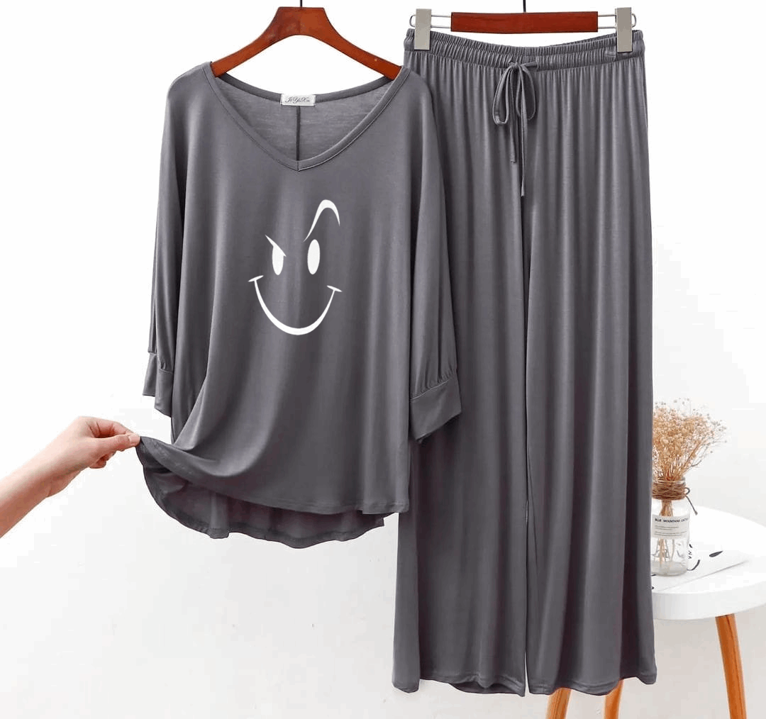 Plain Gray Smiley Face V Neck with Plazzo Pajama Full Sleeves Suit