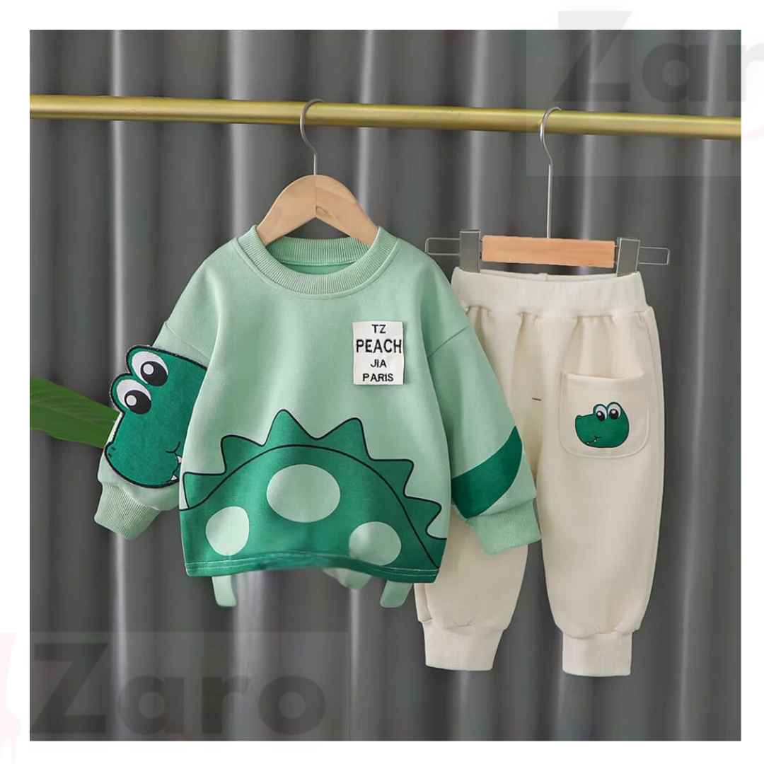 Green Dino Print Sweatshirt With Trouser For Kids