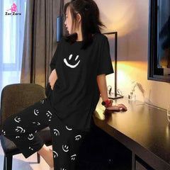 Black Smiley Tee Half Sleeves With Smile Trouser Night Suit