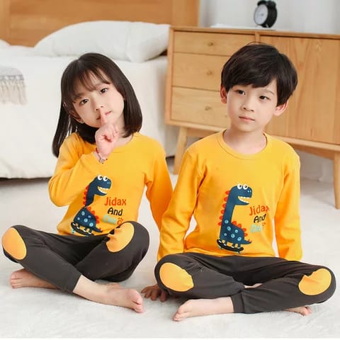 Baby or Baba Yellow & Grey Dinosaur Print Full Sleeves Night Suit for Kids (1 Pcs)