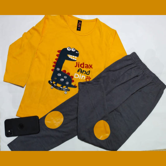 Baby or Baba Yellow & Grey Dinosaur Print Full Sleeves Night Suit for Kids (1 Pcs)