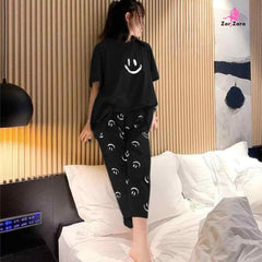 Black Smiley Tee Half Sleeves With Smile Trouser Night Suit