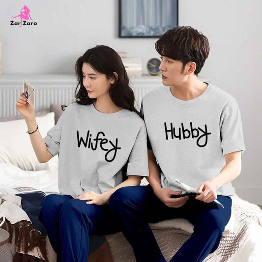 Wifey & Hubby Printed Couple Night Suit for Men and Women Pack of 2