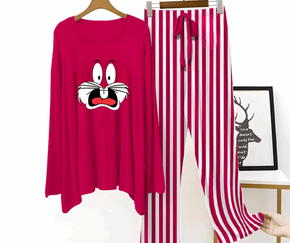 Bugs Red Tee with Stripe Plazzo Nightwear