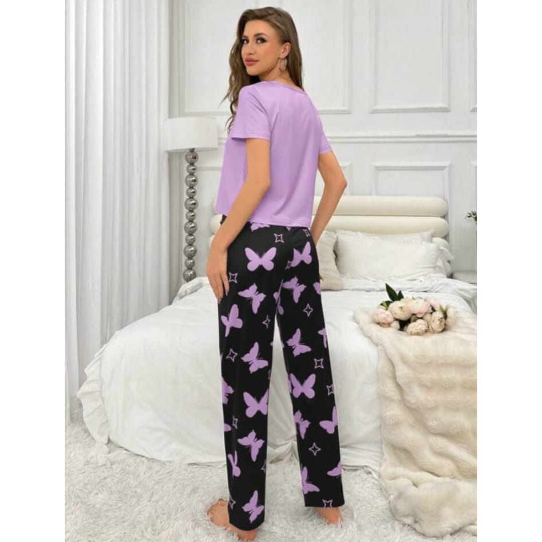 Purple With Black Butterflies Heart Printed T-shirt And Butterflies Printed Trouser Suit - ZARZARO