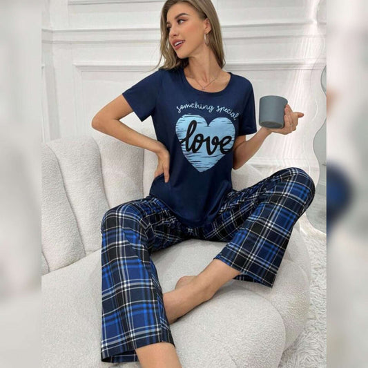 Black With Blue Love Heart Print Half Sleeves T-shirt With Check Printed Trouser Suit