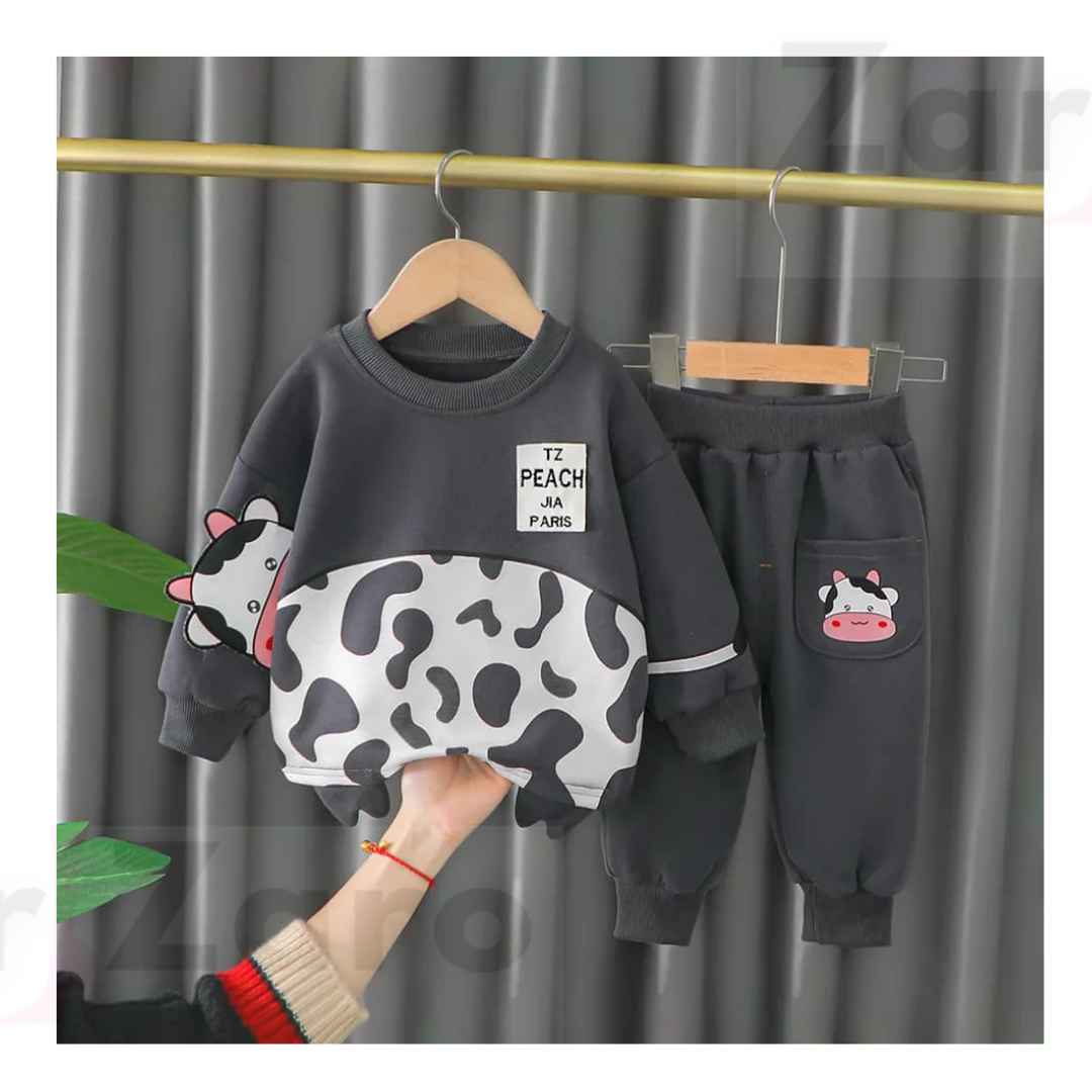 Black And White Cow Print Sweatshirt With Trouser For Kids