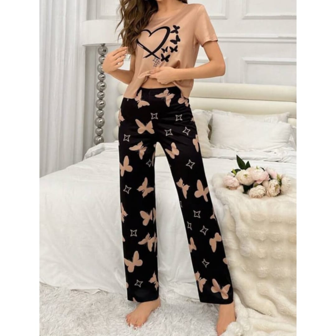 Butterflies & Heart Printed Tee with Printed Flapper PJ Set - ZARZARO