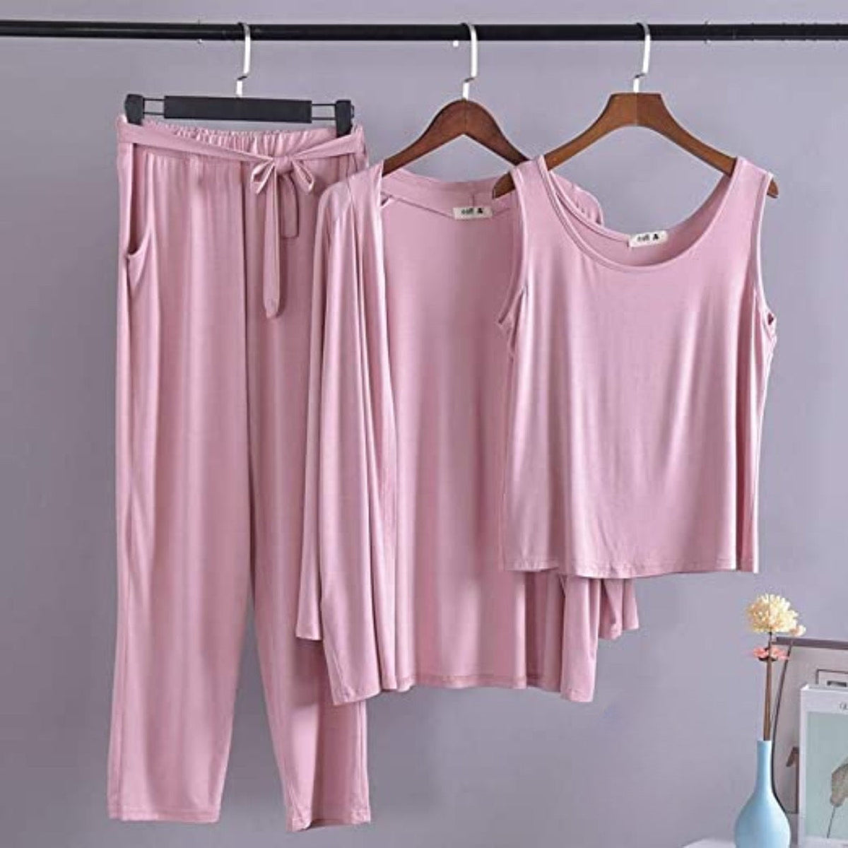 Tea Pink Long Sleeve Gown with Sleeveless Inner Women Night Suit PJ Set 3 Pieces - ZARZARO