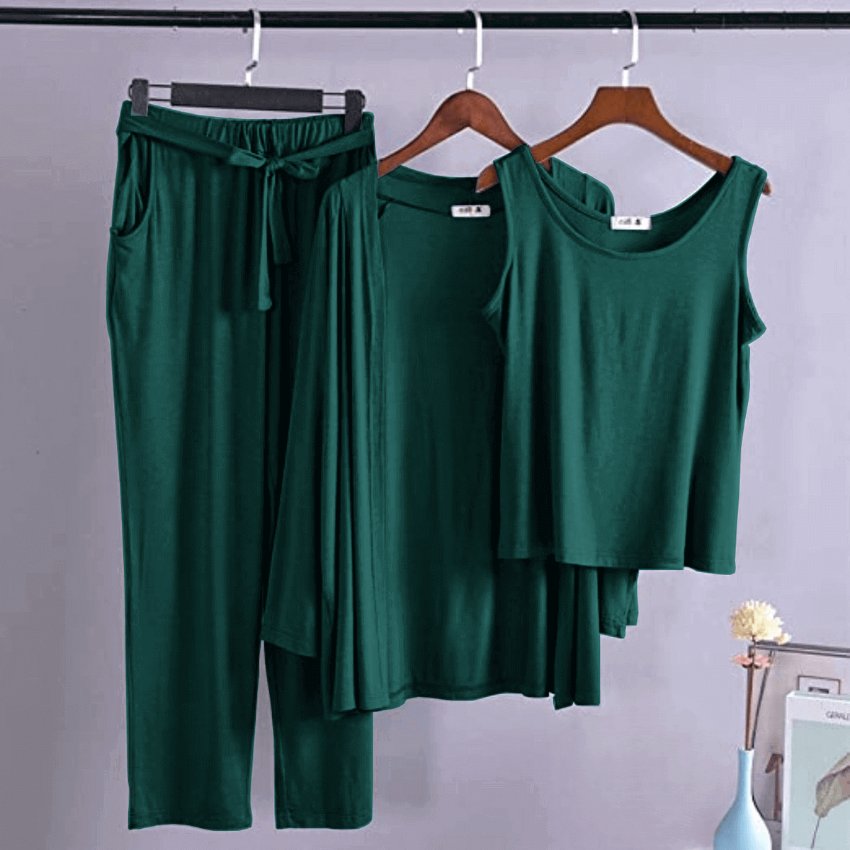 Bottle Green Long Sleeve Gown with Sleeveless Inner Women Night Suit PJ Set 3 Pieces