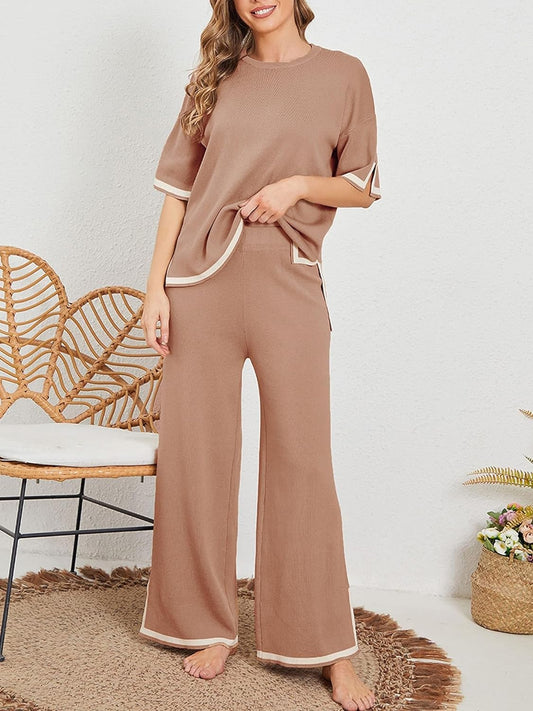 Coffee Brown Short Sleeve Tee with Palazzo For Women PJ Set 1