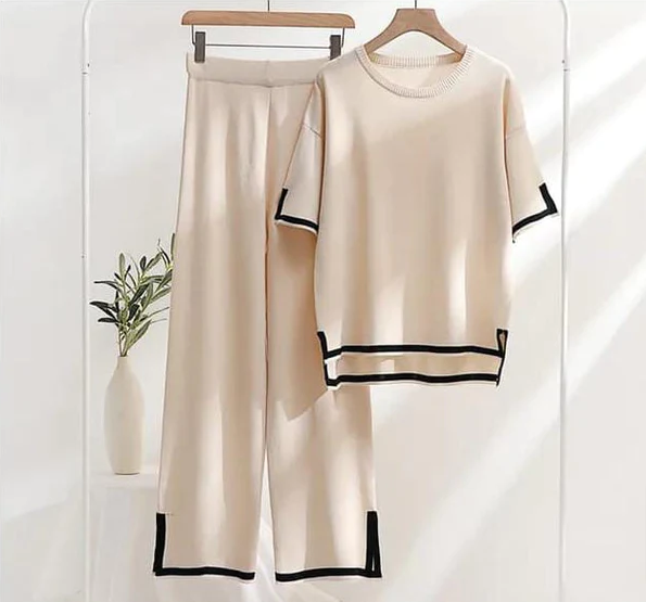 Cream Black Short Sleeve Tee with Palazzo For Women PJ Set 2