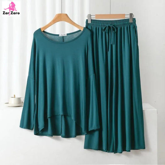 Deep Green Frill Sleeves Shirt With Lose Style Lounge Wear