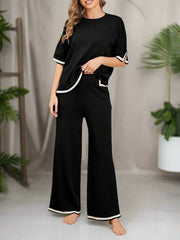 Deep Black Short Sleeve Tee with Palazzo For Women PJ Set