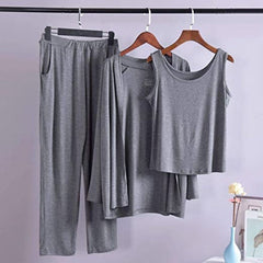 Metallic Grey  Long Sleeve Gown with Sleeveless Inner Women Night Suit PJ Set 3 Pieces - ZARZARO