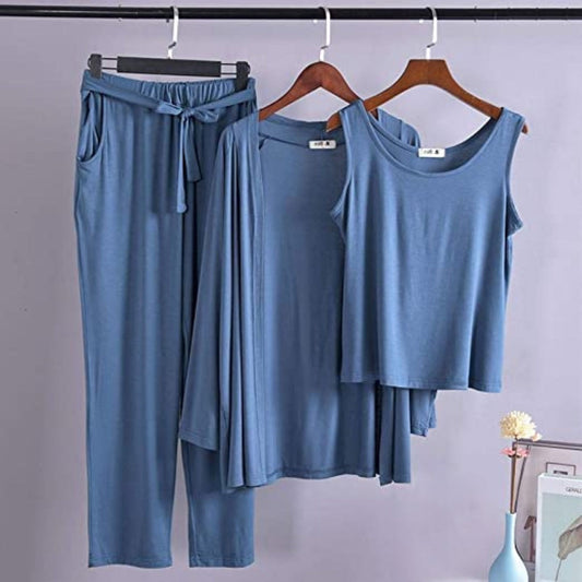 Blue Long Sleeve Gown with Sleeveless Inner Women Night Suit PJ Set 3 Pieces - ZARZARO