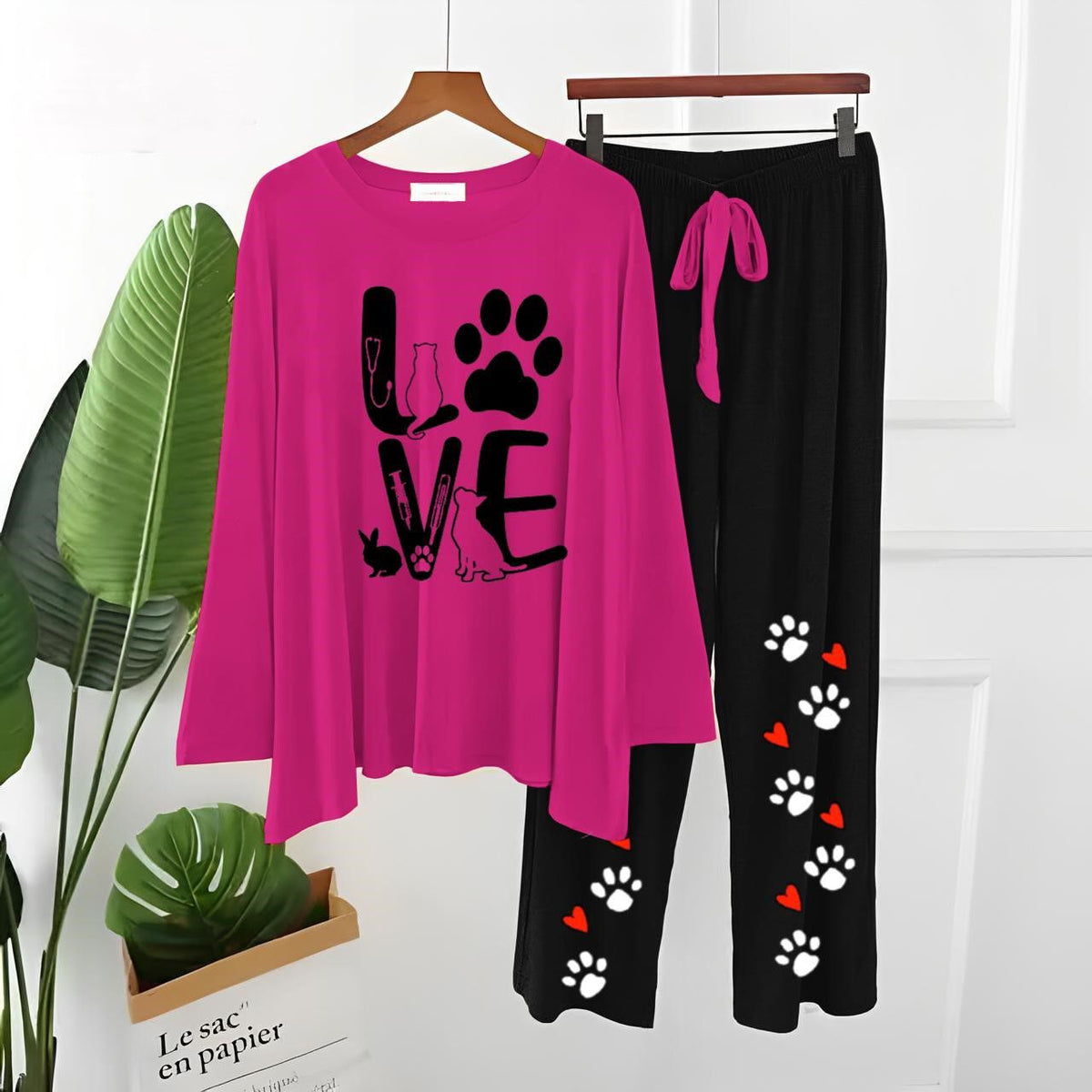 Love Paw Printed Pink T Shirt with Black Paw Plazzo Nightwear Loungewear - ZARZARO