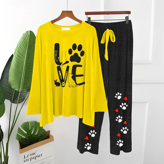 Love Paw Printed Yellow T Shirt with Black Paw Plazzo Nightwear Loungewear - ZARZARO