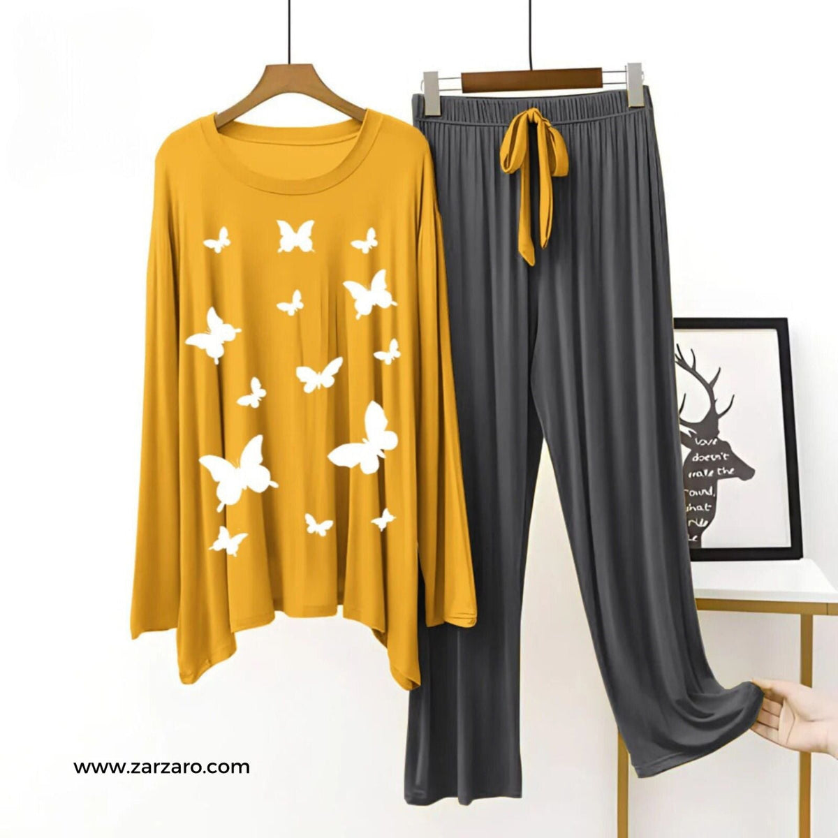 Butterflies Printed Mustard T Shirt with Grey Plazzo Nightwear Loungewear - ZARZARO