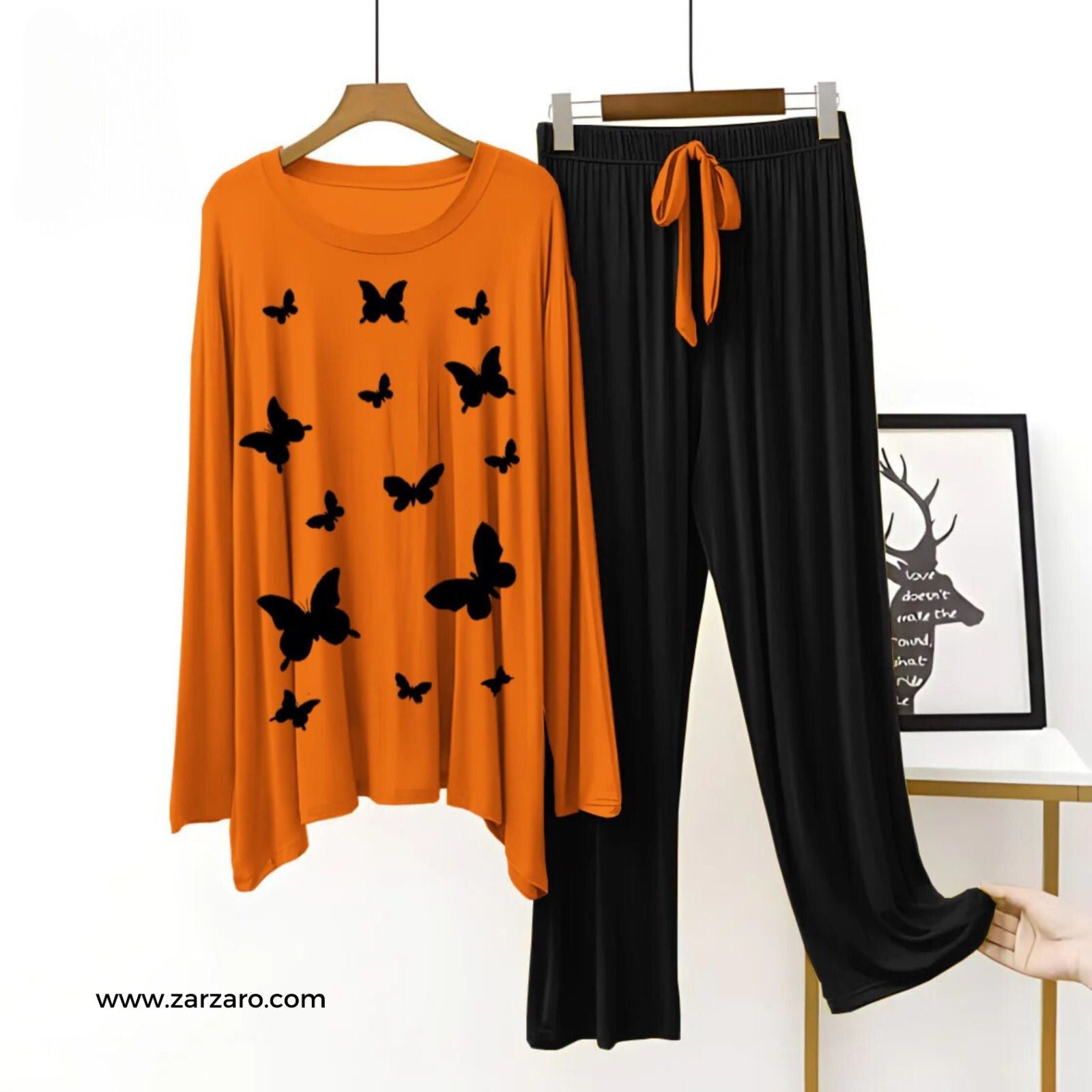 Butterflies Printed Copper Orange T Shirt with Black Plazzo Nightwear Loungewear - ZARZARO