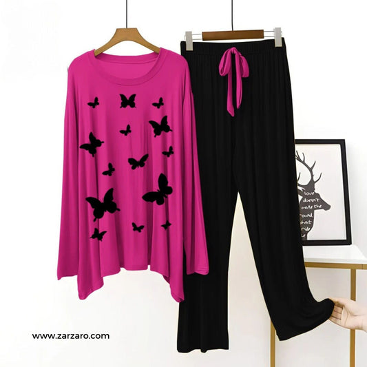 Butterflies Printed Pink T Shirt with Black Plazzo Nightwear Loungewear - ZARZARO