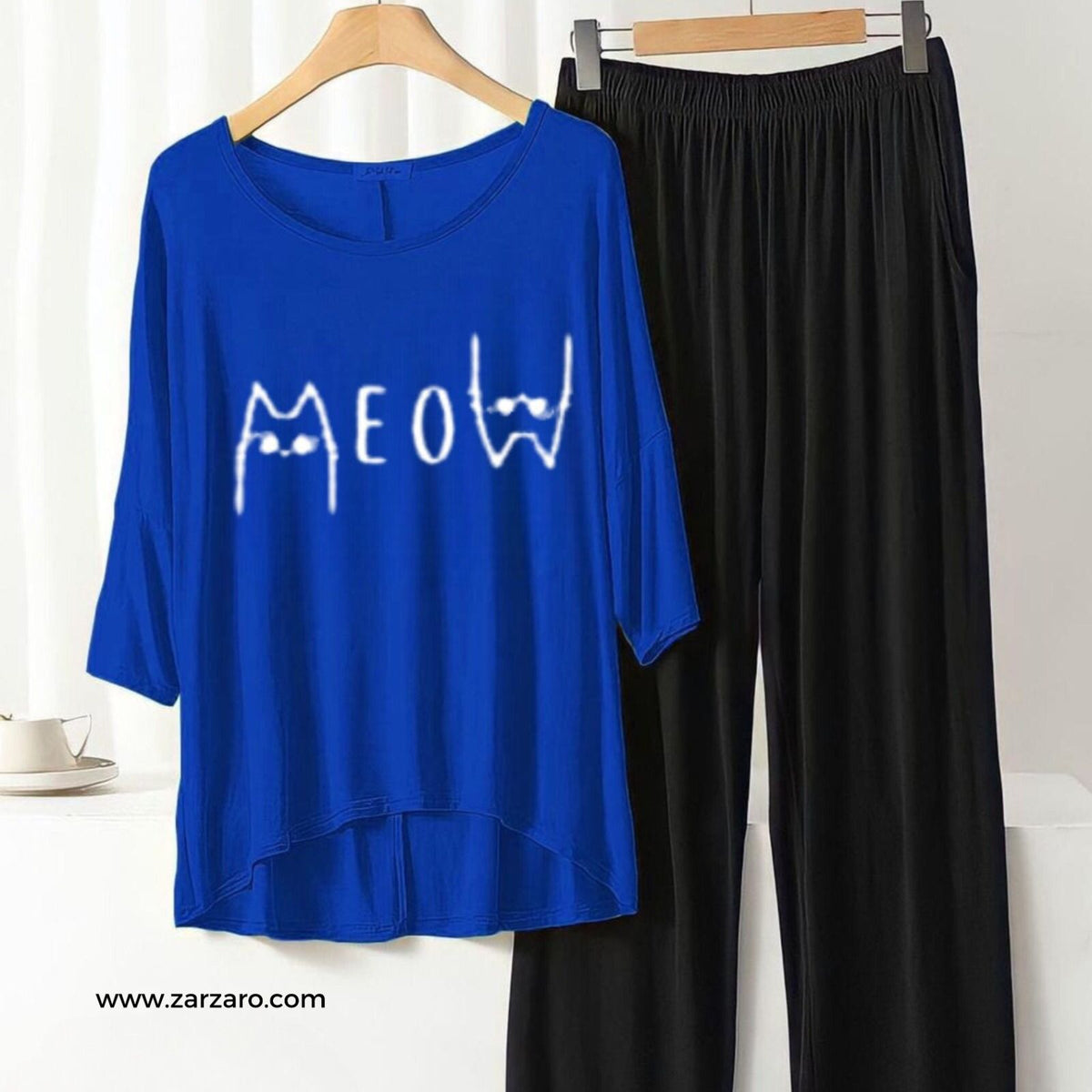 Meow Blue Tee with Contrast Black Plazzo Nightwear - ZARZARO