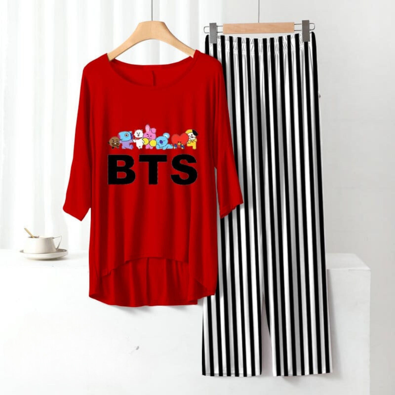 BTS Red with Stripe Plazzo - Casual Loungewear Night Wear - ZARZARO