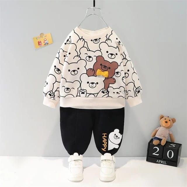 White with Brown Bears Print Sweatshirt With Trouser For Kids