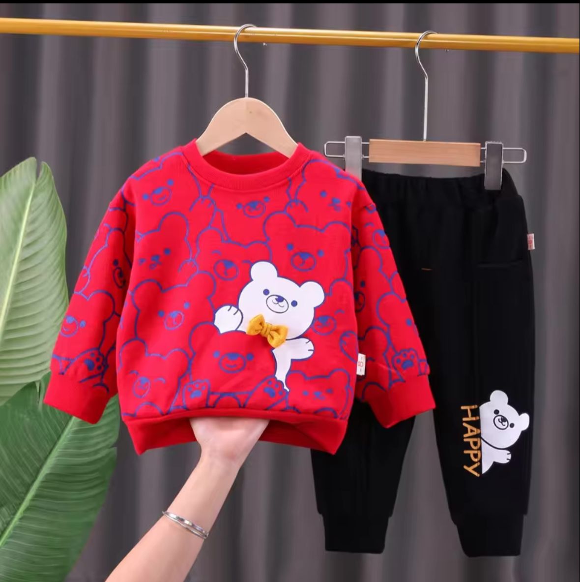 Red with White Bears Print Sweatshirt With Black Trouser For Kids