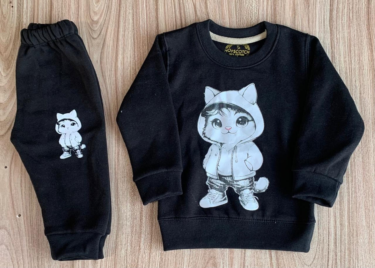 Black Cute Kitty Print Sweatshirt With Trouser Tracksuit For Kids Baby & Baba Both