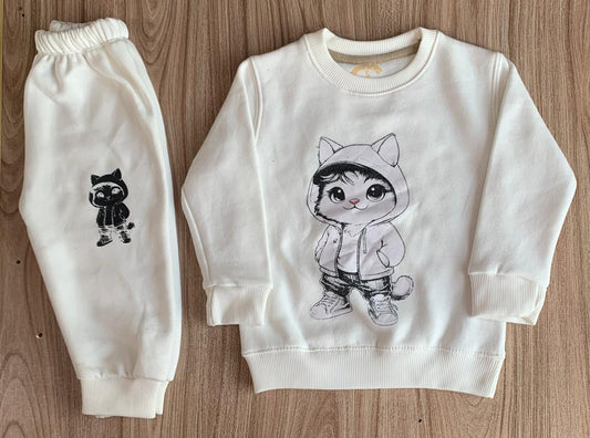 White Cute Kitty Print Sweatshirt With Trouser Tracksuit For Kids Baby & Baba Both