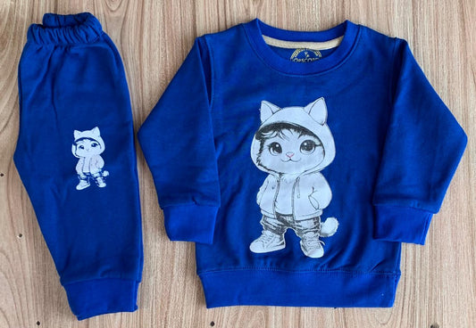 Blue Cute Kitty Print Sweatshirt With Trouser Tracksuit For Kids Baby & Baba Both