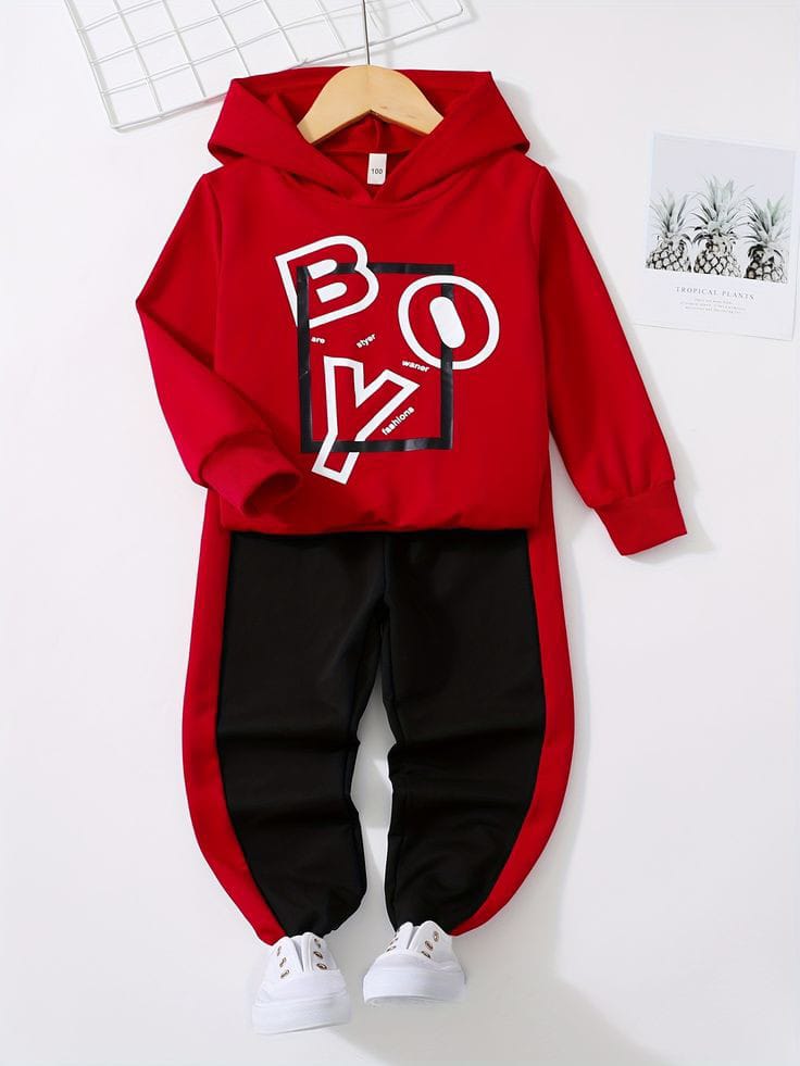 Trending Red & Black BOY Printed Sweatshirt With Trouser Tracksuit With Hoodie Set For Kids