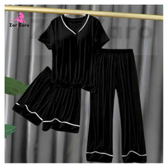 3Pc Deep Black Tee with Wide Leg Flapper & Shorts Set