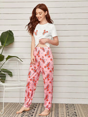 WHITE LOBSTER PRINTED TEE & PINK TROUSER PJ SET