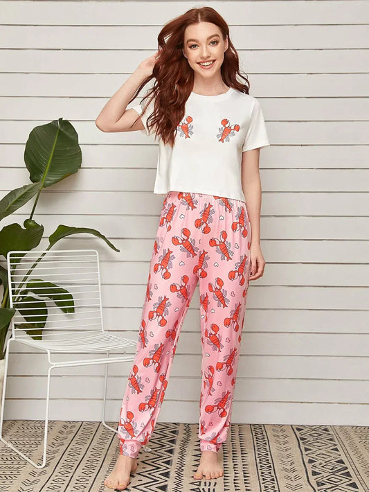 WHITE LOBSTER PRINTED TEE & PINK TROUSER PJ SET