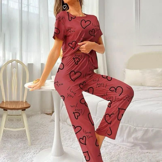 Maroon Love Hearts Printed Tee & Trouser PJ Set