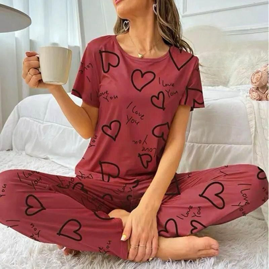 Maroon Love Hearts Printed Tee & Trouser PJ Set